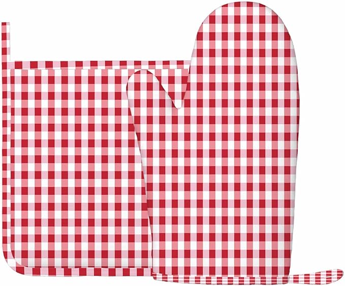 Mxocom Gingham Red White Checked Tartan Heat-Resistant Oven Mitts and Pot Holder Abstract Lattice Criss-Crossed Kitchen Non-Slip Cooking Microwave Gloves for Cooking Baking Grilling