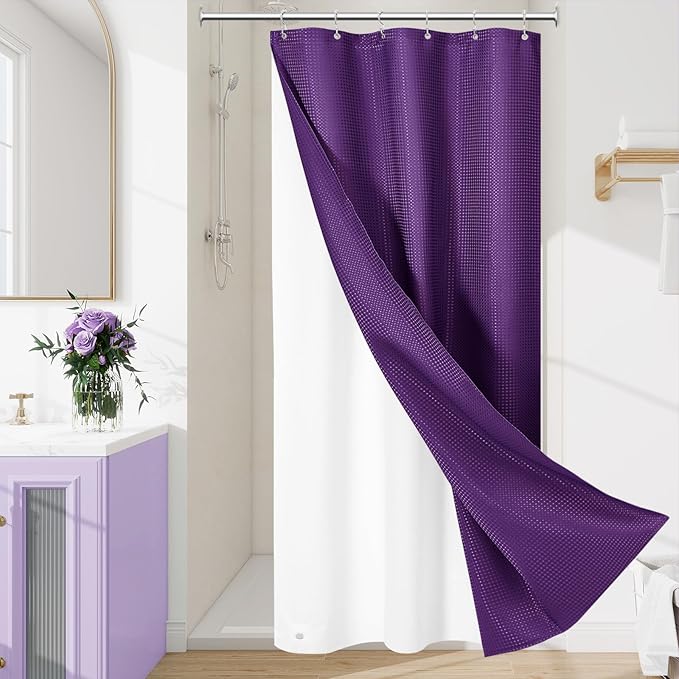 Craidlela 3 in 1 Stall Half Size Purple Shower Curtain Set-36 W x 72 H, Modern Waffle Waterproof Fabric and PEVA Liner Set with Stainless Steel Hooks