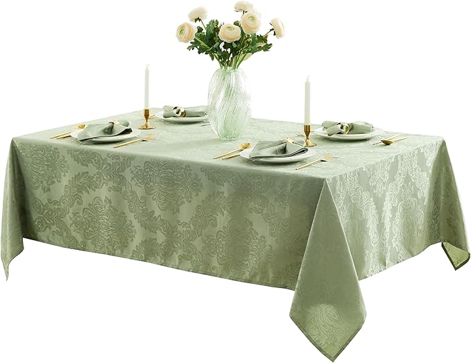 Newbridge Barcelona Damask Fabric Tablecloth, 60 x 84 Inch Rectangle, Sage Green – No Iron, Soil Resistant Table Cover for Dining, Parties and Holidays