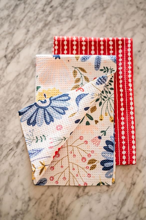 Desert Aqua || 2 Pack Double Sided|| Not Your Ordinary Dish Towels || Waffle Weave Microfiber || Tea Towels || Highly Absorbent || Hanging Loop || Dish Cloths|| Designer Prints|| Flower Garden