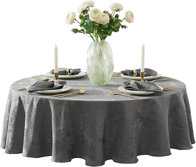 Newbridge Barcelona Damask Fabric Tablecloth, 90 Inch Round, Grey – No Iron, Soil Resistant Table Cover for Dining, Parties and Holidays