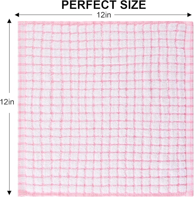 Kitinjoy Cotton 12 Pack Terry Kitchen Dish Cloths, 12 x 12 Inches Super Soft and Absorbent Dish Rags, Quick Drying Dish Towels for Washing Dishes, Pink