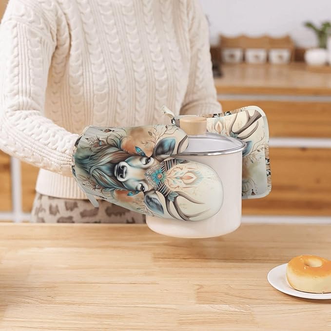Rustic Deer Animal Oven Mitts and Pot Holders Sets, Home Silicone Heat Resistant BBQ Gloves for Kitchen Baking Cooking Grilling Microwave