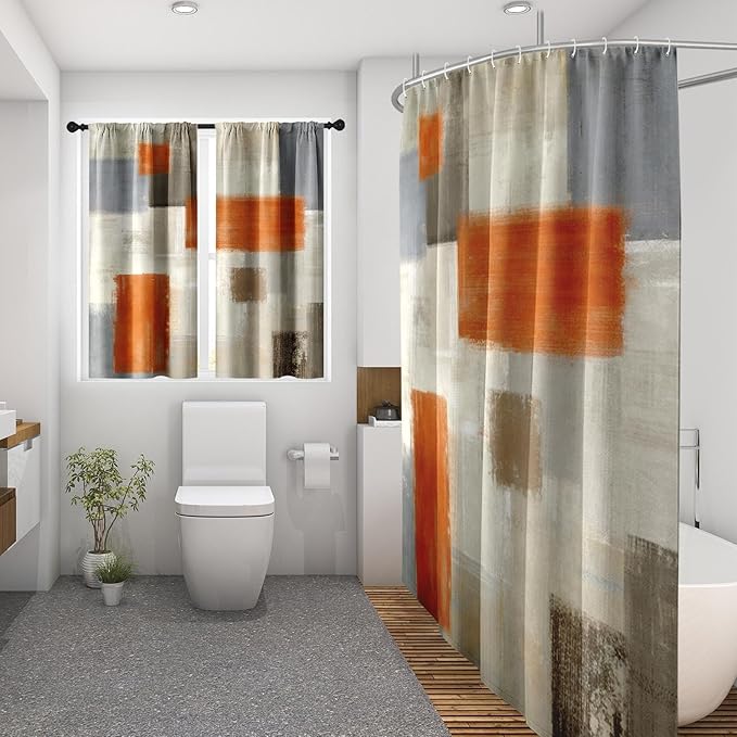 Culudea Beige Orange Painting Shower Curtain Set, Grey Contemporary Modern Bathroom Window Waterproof Shower Curtain Set for Bathroom Decor