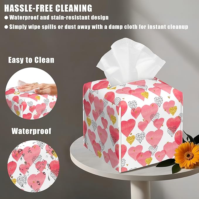 BLYKVGHQ Watercolor Pink Hearts Tissue Box Cover Square, Tissue Box Holder with Bottom Belt Leather Facial Paper Organizer Dispenser for Bathroom Bedroom Dresser Night Stand Tabletop