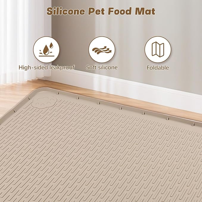Bartuke Cat Food Mat, 34" x 22" Large Silicone Pet Feeding Mat for Food and Water Bowls Non-Slip, Easy to Clean (Beige)