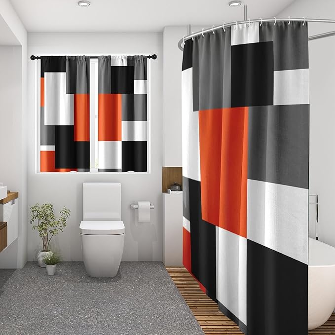 Culudea Geometric Orange White Shower Curtain Set, Black and Gray Modern Bathroom Window Waterproof Shower Curtain Set for Bathroom Decor