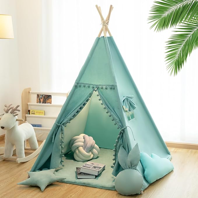 RONGFA Teepee Tent for Kids with Mat, Star Lights, Carry Case, Cotton Canvas Playhouse, Foldable Tents, Portable Children Play Tent Indoor Outdoor (Jewelry Blue)