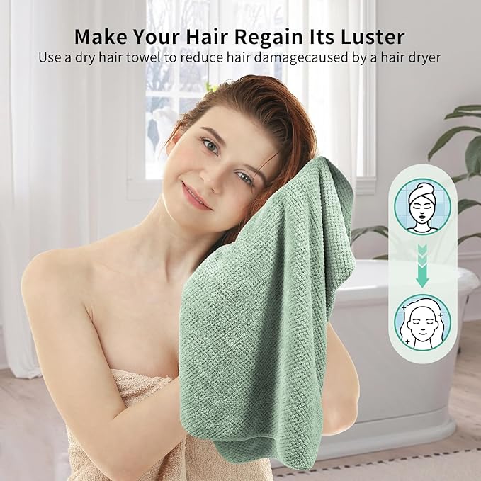 my novel things 2 Pack Extra Large Microfiber Hair Towel Wrap, 37.4" x 26.4" for Women, Super Absorbent & Quick Dry Hair Towel with Elastic Strap for Curly Hair Green