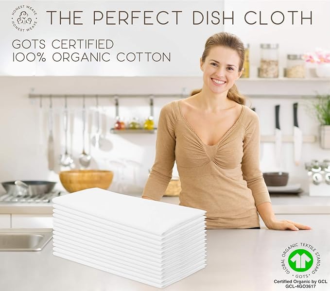 HONEST WEAVE GOTS Certified 100% Organic Flour Sack Cotton Kitchen Hand and Dish Towel Sets - Extra Large 27x27 inches, Fully Hemmed, 12-Pack, White