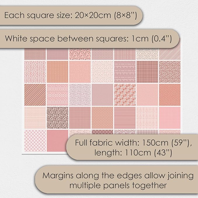 Cotton Satin Patchwork Fabric Panel – 35 Designs, 20×20 cm Squares, Single Piece 150×110 cm, Blush Pink Quilt Fabric (Peach Tones Geometric & Floral Set, 35pcs 8x8 inch)