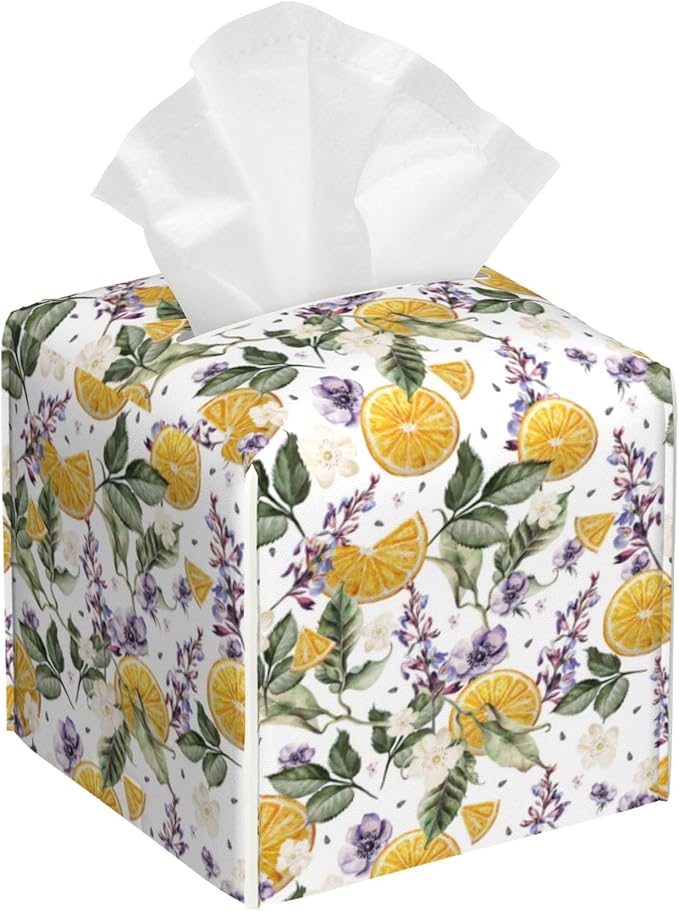 BLYKVGHQ Square Tissue Box Cover Orange Fruits and Lavender Flowers Tissue Box Holder Facial Cube Paper Dispenser Leather Decorative Organizer Home Office Desk Decor, 5.2"x5.2"x5.2"