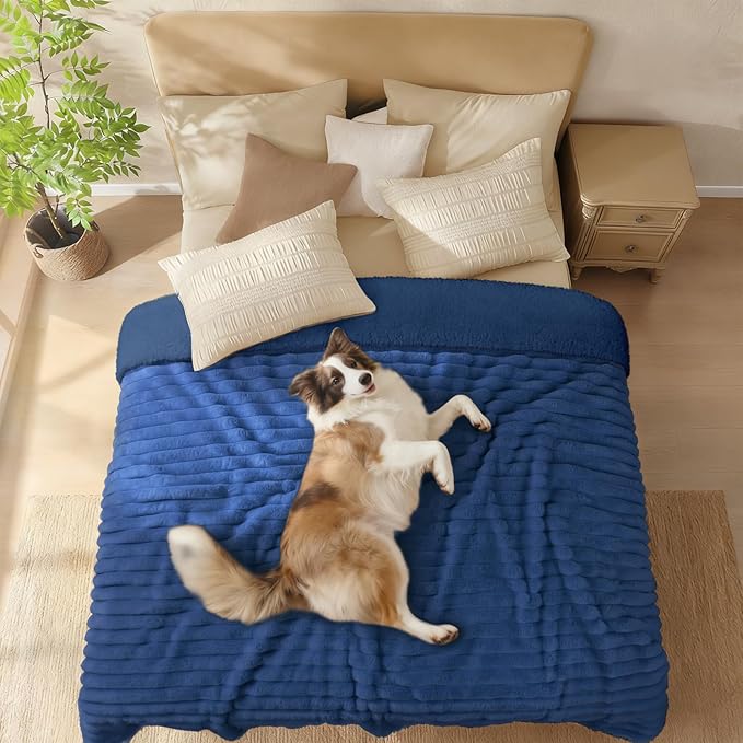 Luciphia Waterproof Dog Blanket for Large Dogs Ultra-Soft Calming Cut Pile Flannel Throw Durable & Warm Furniture Protection for Couch Bed Pet Human Blanket Machine Washable Deep Navy,XL(85''x57'')