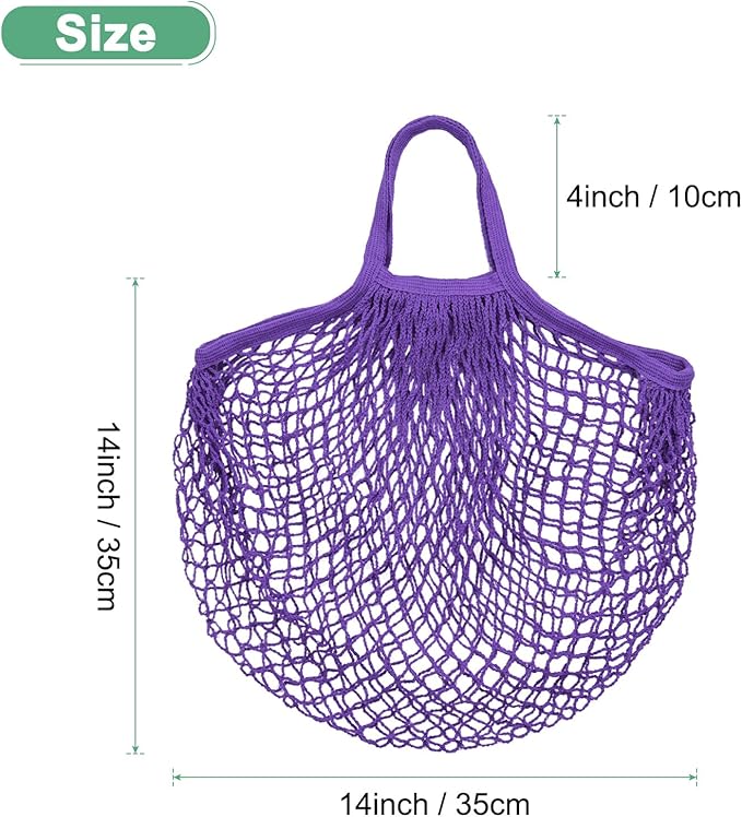 M METERXITY 1-Pack Cotton Mesh Bag, Reusable Washable Mesh Net String Grocery Bags, Reusable Produce Bags with Handle, Net Tote Bag for Fruits/Vegetables Shopping [Purple, Short Handle]