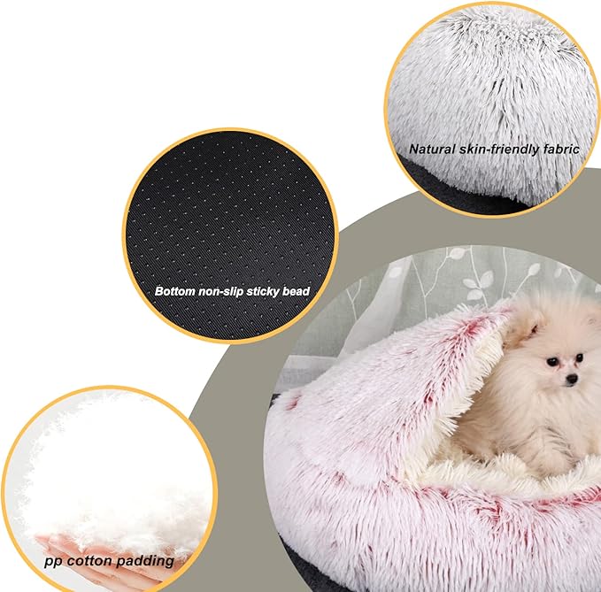 SUOXU Anti-Anxiety Cat Bed, Plush Hooded Cave, 20 in Diameter, Suitable for Small to Medium Pets, Pink