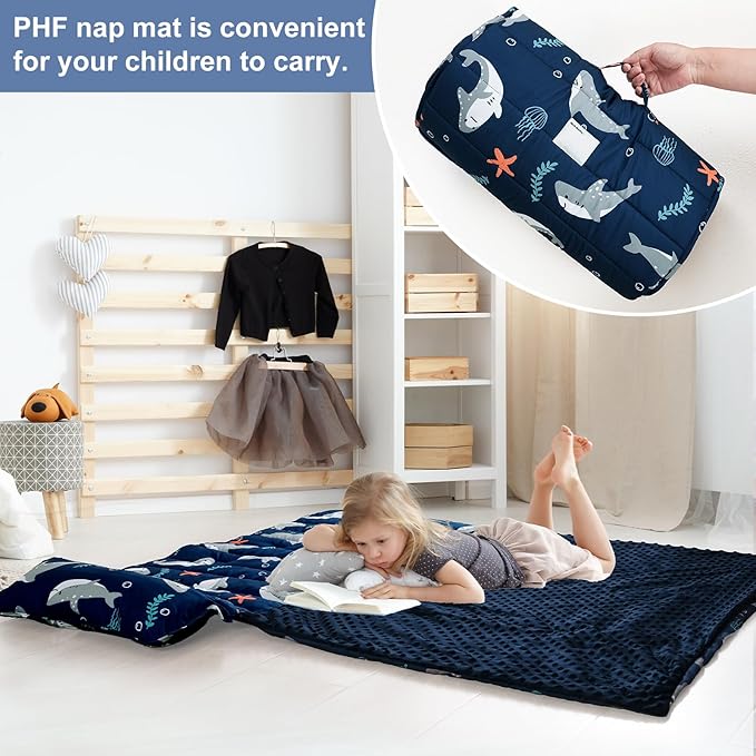 PHF Toddler Nap Mat with Removable Pillow and Minky Fleece Blanket, Rollup Design Warm Slumber Bags for Boys, 52"x20"x2" Kids Sleeping Bag for Daycare Preschool Travel Camping, Shark