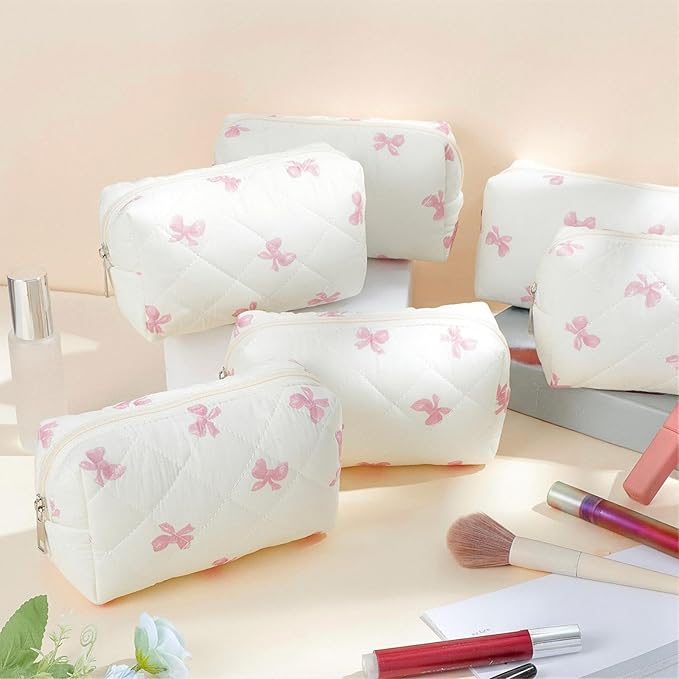 Paterr 6 Pcs Quilted Makeup Bag Bulk for Women Girls Birthday Valentine's Day Bridesmaid Gifts Cute Cotton Cosmetic Pouch Bow Floral Coquette Aesthetic Travel Toiletry Bag(Pink Bow,White)
