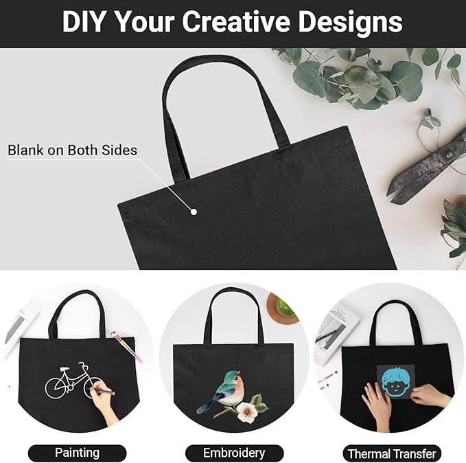 Segarty Canvas Tote Bag for Women, 6 Pack 20x15.7 Reusable Black Shopping Bag, Natural Cotton Durable Shoulder Bag Aesthetic, Blank Canvas Tote Bulk for DIY, Gift, Grocery, Beach, Travel