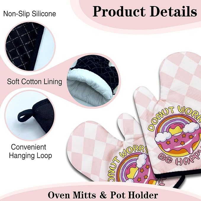 2 Pack Funny Oven Mitts for Women, Donut Worry Be Happy, Heat Resistant Silicone Non-Slip Mitts, Cute Kitchen Gifts for Donut Lovers, Sweet Housewarming Gifts for Hostess Mom Wife Friend