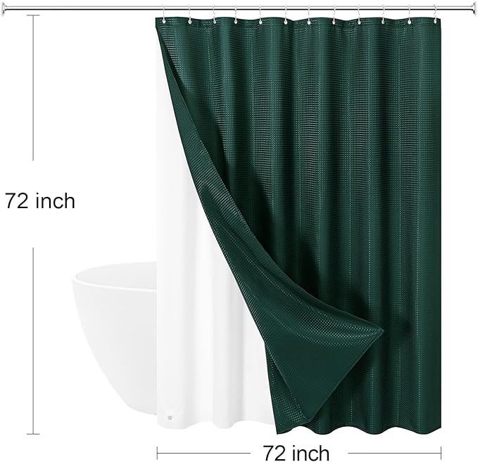 Craidlela 3 in 1 Shower Curtain Set, Dark Green Waffle Shower Curtain and PEVA Liner Set with 12 Stainless Steel Shower Curtain Hooks, Waterproof Shower Curtains for Bathroom, 72 W x 72 H