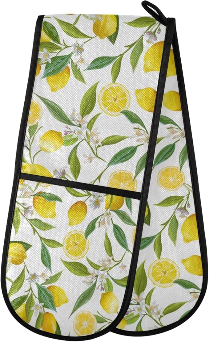 Long Double Oven Mitt for Baking Heat Resistant Quilted Double Oven Glove (Lemon)