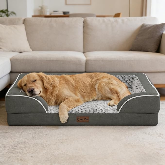 Casa Paw Orthopedic Dog Beds for Extra Large Sized Dogs, Waterproof Memory Foam XL Pet Bed with Sides 42x30Inch, Non-Slip and Egg-Crate Foam Big Dog Couch Bed with Removable Washable Cover, Dark Grey