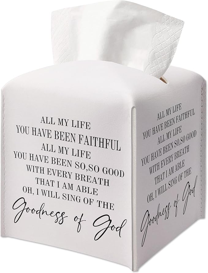 Christian Decorative Tissue Box Cover Square, Leather Tissue Box Cover Holder, Inspirational Quote Gift Ideas for Friends, Goodness of God Decor for Bathroom Office-(5.2 Inches)