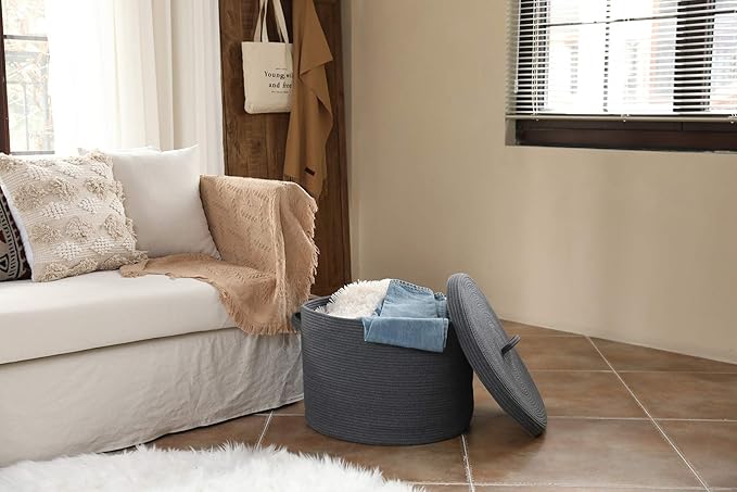 Cottonphant 20" x 20" x 15" Extra Large Storage Basket with Lid, Cotton Rope Storage Baskets, Laundry Hamper, Cloth Bin, for Clothes Towels Blankets Pillows Storage in Living Room, All Dark Grey
