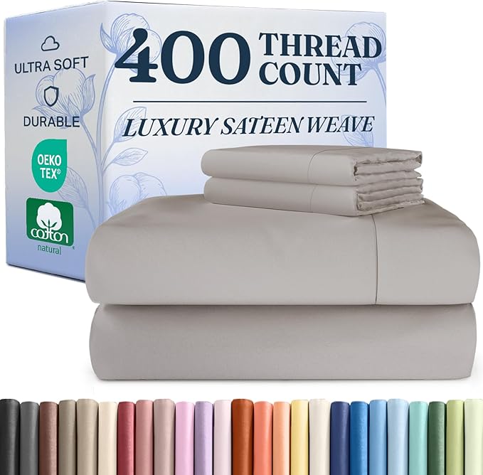 400 Thread Count Cotton Sheet Set - Cal King Size 100% Cotton Sheets - Easily Fits 8" to 16" Mattress - Silky-Soft, Wrinkle Free & Comfortable - Deep Pockets & Hotel Quality Bedding Set - Light Grey