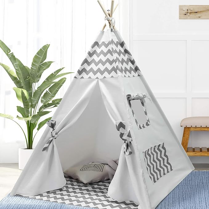 Ukadou Boys Teepee Tent for Kids Teepee Baby Teepees for Boys Girls Baby Kids Tent Indoor Tepee Grey Chevron Tepees Toddler Tent with Floor & Carry Case