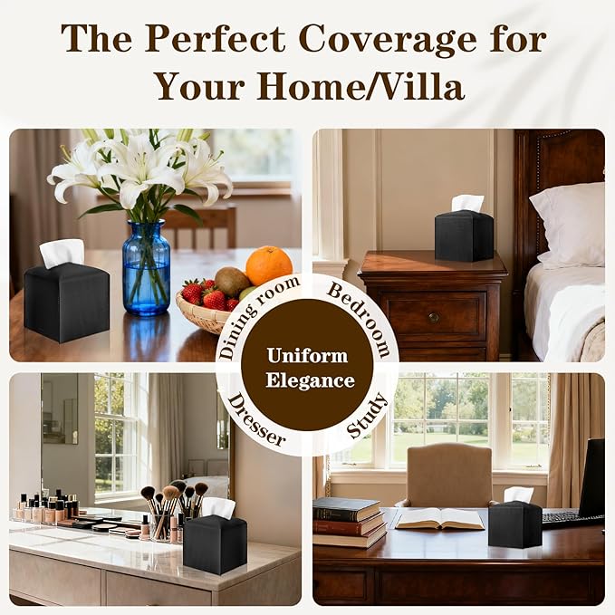 6-Pack Square Tissue Box Cover Holder, Black PU Leather Decorative Covers for Living Room, Bathroom, Office & Car