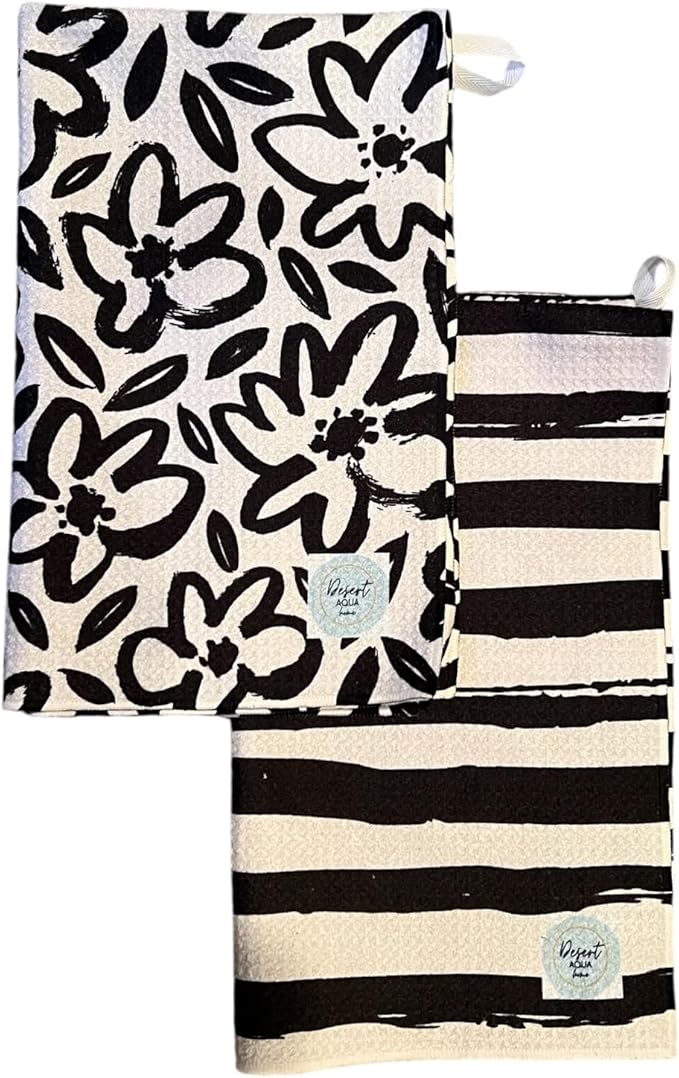Desert Aqua 2 Pack Double Sided|| Not Your Ordinary Kitchen Towels || Dish Towels || Quick Dry || Waffle Weave Microfiber || Highly Absorbent || Hanging Hook (Black Daisy)