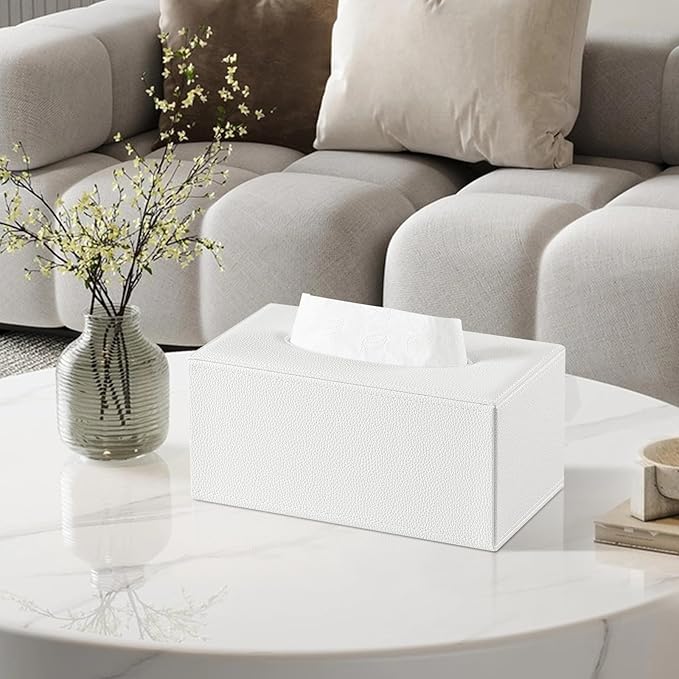 JLAMBOM Rectangle Tissue Box Cover for 120 to 160 Count Box of Tissues, PU Leather Tissue Holder with Magnetic Closure (White)