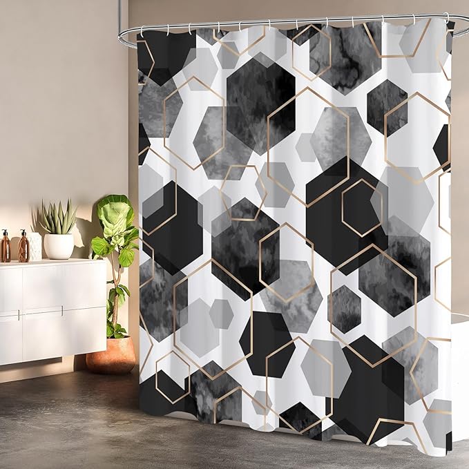 Litabel Modern Extra Long Shower Curtain for Bathroom, Black Geometric Art Decor Waterproof Bath Curtain, Abstract Fabric Shower Curtain Sets for Home Decor, 72x84 Inch