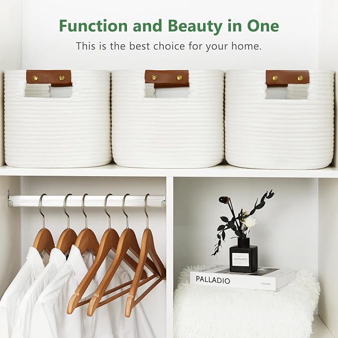 ECDYQXVU Cotton Rope Basket, Storage Baskets with Handle, 15x10x9 Inch Woven Basket for Shelves, Laundry, Towels, Clothes, Books (White 1Pack)