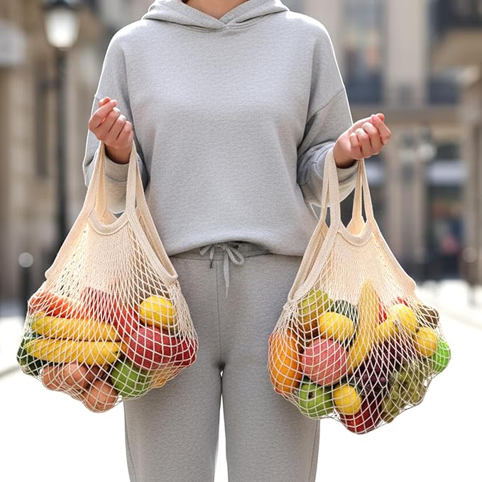 xozeooeu 12 Pcs Reusable Cotton Mesh Produce Bags, Beige Washable Grocery Net Bags Tote Organizer with Handles for Fruits, Vegetables, and Shopping