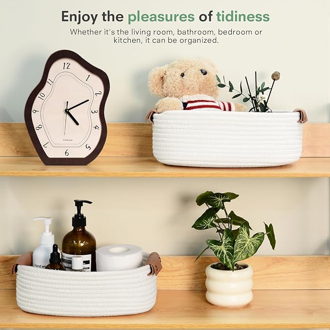 ECDYQXVU 5 Piece Storage Baskets Small Woven Basket with Detachable Leather Handle, Cotton Rope Shelf Baskets for Closet Organizers, Different Sizes Basket Decor, White