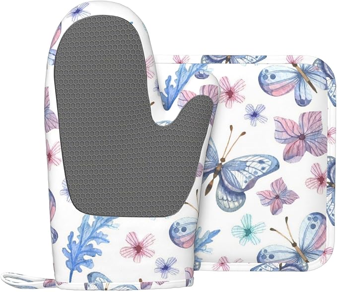 Silicone Oven Mitts and Pot Holders Sets, Home Butterfly Purple Heat Resistant BBQ Gloves for Kitchen Baking Cooking Grilling Microwave