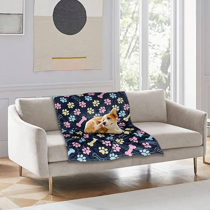 Gowyeg Dog Blankets for Large Dogs, 50"x40" Blanket Washable, Fuzzy Soft Pet Mat Throw Cover for Kennel Crate Bed, Cute Paw Pattern, Cat Blanket, Gifts Medium Small Pet Essentials, Navy Blue
