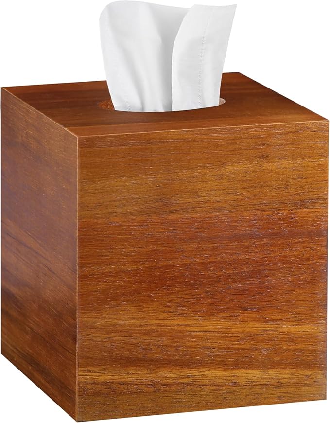 BIBELUN Square Tissue Box Cover,Acacia Wood Tissue Box Holder for Desktop Nightstand Bathroom Office,Decorative Facial Tissue Cube Box Cover/Organizer for Modern Home Decor