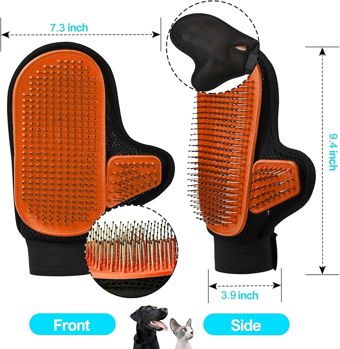 Beenefits 2025 Pet Grooming Glove with Tipped Pin Brush,Special Design Deshedding Glove, Perfect Petting Tool for Sensitive Dogs & Cats with Long & Medium Fur, Massage Mitt - Right-Hand - Orange