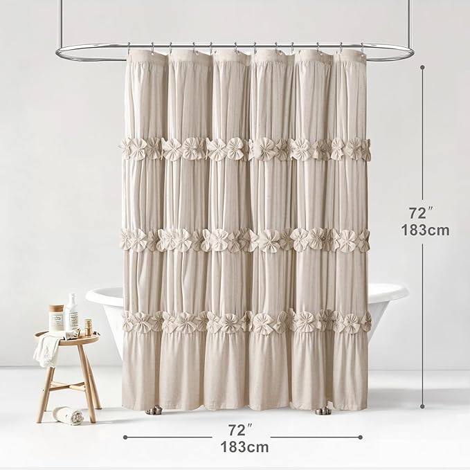 XOGUIBO Ruffle Shower Curtain with Handmade Bow Tie, Beige Linen Vintage Farmhouse Shower Curtain for Bathroom, 72" W x 72" H