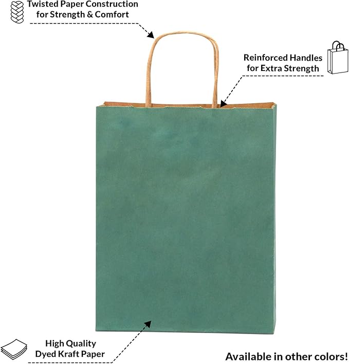 Prime Line Packaging Kraft Paper Bags, Green Gift Bags Small with Handles for Small Business, Birthdays, Wedding Favors, Holidays, Shopping, Bulk, 8x4x10, 100 Pack