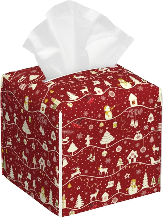 Tissue Box Cover Leather Tissue Box Holder Cube Tissue Case Cover Facial Paper Organizer Dispenser for Bathroom, Vanity Countertop, Office Desk (Christmas Tree and Snowflake)