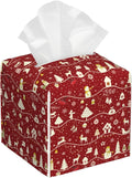 Tissue Box Cover Leather Tissue Box Holder Cube Tissue Case Cover Facial Paper Organizer Dispenser for Bathroom, Vanity Countertop, Office Desk (Christmas Tree and Snowflake)