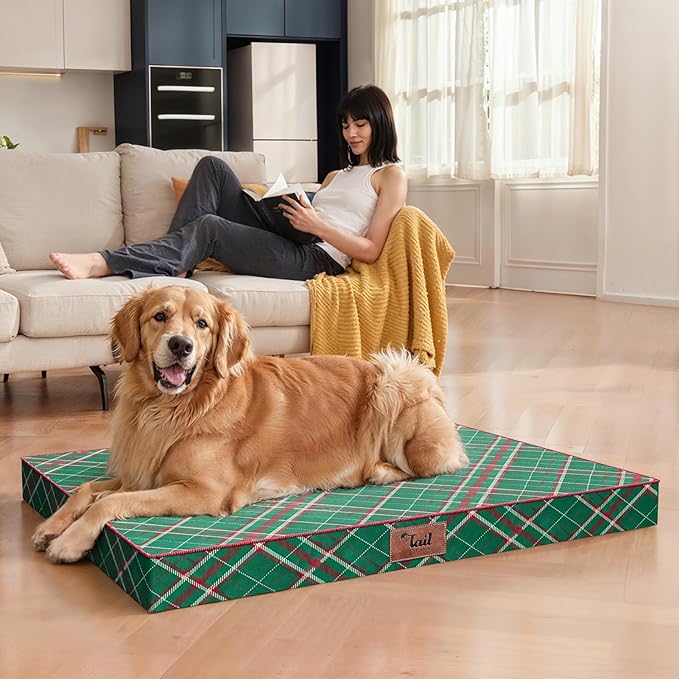 Tail Stories Outdoor Extra Large Dog Bed, Waterproof Dog Bed for Large Dogs, Egg Crate Foam XL Pet Bed with Removable Washable Oxford Cooling Cover, Christmas Plaid