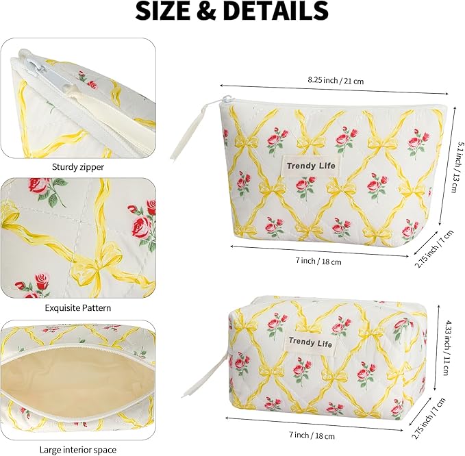 HAOGUAGUA 2 Pieces Makeup Bag, Small Large Quilted Cosmetic Bag, Travel Floral Make Up Toiletry Organizer Bag for Women Girls (2PCS STYLE A-6)