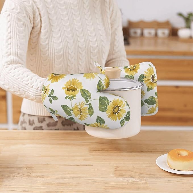 Silicone Oven Mitts and Pot Holders Sets, Home Sunflower Floral Heat Resistant BBQ Gloves for Kitchen Baking Cooking Grilling Microwave