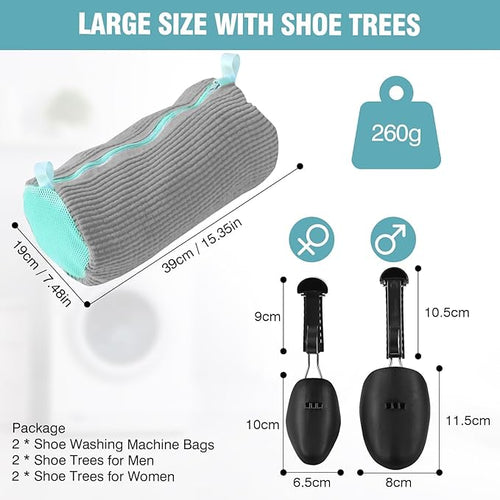 2 Pcs Shoe Washing Machine Bags with 4 Adjustable Shoe Trees, XXL Laundry Bags for Washer and Dryer, Sturdy Zipper with Hook Design, Reusable Cleaning Bag for Sneaker, Tennis (Gray)