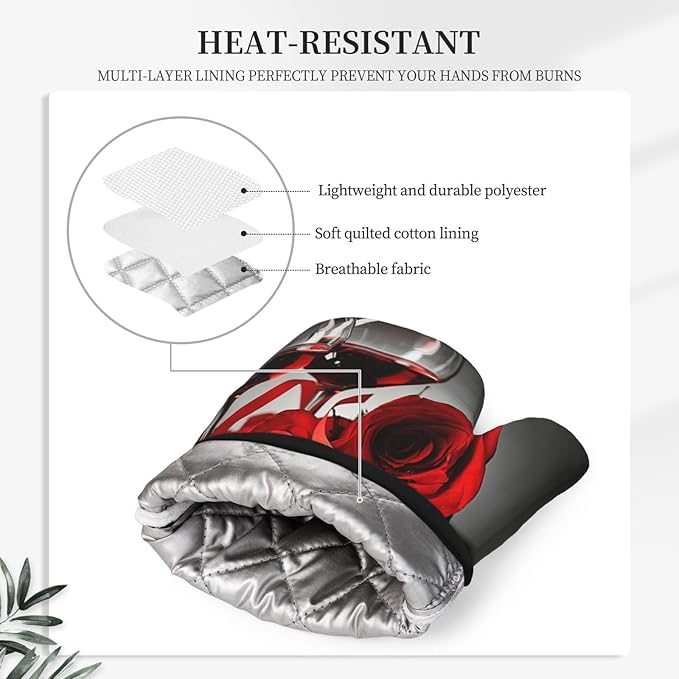 Rose Oven Mitts and Pot Holders with Apron Set of 5 Silicone Red Rose Wine Glass and Candle Kitchen Mitts and Non-Slip Potholders Apron Set Heat Resistant Oven Gloves Hot Pads for Cooking